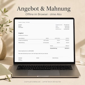 以下が含まれることがあります： ドイツ語のテキストで「Angebot & Mahnung」と題されたビジネス見積書を表示するノートパソコンの画面。ドキュメントには「Konzept und Gestaltung」や「Bildbearbeitung」などのサービス項目、費用、日付、Teststudioの連絡先情報が記載されています。