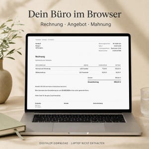 Könnte beinhalten: Ein Laptop-Bildschirm zeigt eine digitale Rechnung mit dem Text 'Dein Büro im Browser', 'Rechnung', 'Angebot' und 'Mahnung'. Das Dokument listet Dienstleistungen, Stunden und einen Gesamtbetrag von 390,00 € auf. Der untere Text lautet 'DIGITALER DOWNLOAD'.