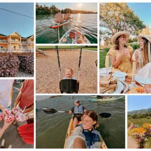 May include: A collage of lifestyle images showing various outdoor activities. Scenes include people on paddleboards, kayaking, a picnic, a child on a swing, a bouquet of flowers, and people enjoying ice cream. The images are taken during the day.