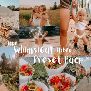 Puede incluir: Un collage digital que muestra un picnic en la playa con una sombrilla blanca, dos personas abrazándose en un campo, un niño pequeño con ropa blanca, una persona leyendo junto al agua, un excursionista con mochila, ramos de flores y una calle con el texto MRP Whimsical Mobile Preset Pack.