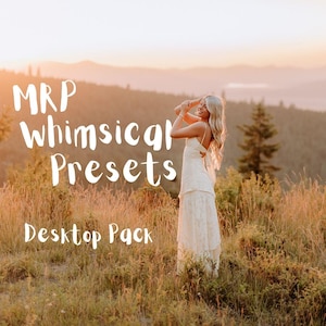 Puede incluir: Un anuncio de producto digital con el texto MRP Whimsical Presets Desktop Pack. La imagen muestra a una persona de cabello rubio largo con un vestido blanco sin mangas, de pie en un campo de hierba alta con montañas al fondo.