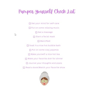 Self Care, Pamper Yourself, Check List, Printable Download, To Do