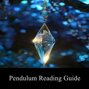 May include: A clear, faceted crystal pendulum suspended by a silver chain. The crystal is diamond-shaped with internal inclusions, catching light to create bright highlights. The background is a blurred, dark blue with bokeh. Text at the bottom reads "Pendulum Reading Guide."