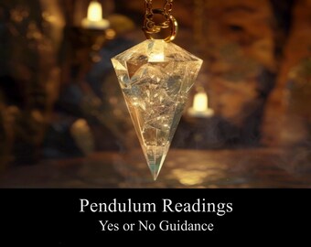 May include: A clear crystal pendulum on a gold chain, hanging in front of a blurred background. The text "Pendulum Readings Yes or No Guidance" is below the pendulum.