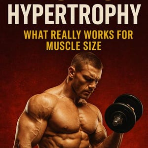 May include: Book cover with the title "NO-BS HYPERTROPHY" in large yellow and white letters. The subtitle reads "WHAT REALLY WORKS FOR MUSCLE SIZE." A muscular man is holding a dumbbell. The author's name, "BUSHY," is at the bottom.