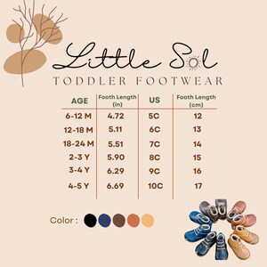 May include: Size chart for toddler footwear from Little Sol, showing age in months and years, foot length in inches and centimeters, and US shoe size. The chart includes sizes from 6-12 months to 4-5 years. The color options are black, navy blue, brown, orange, and beige.