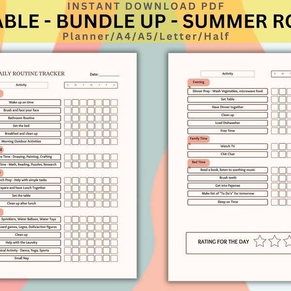 Summer Checklist Routine Guide for Kids, Encouraging Engagement, Independence, Fun-Filled Learning, Morning, Lunch, Evening, Night Routines,