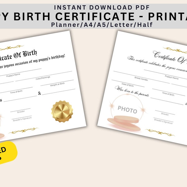 Gift new puppy owners with this beautiful birth certificate, puppy birth certificate, birth certificate of dog, printable, puppy templates