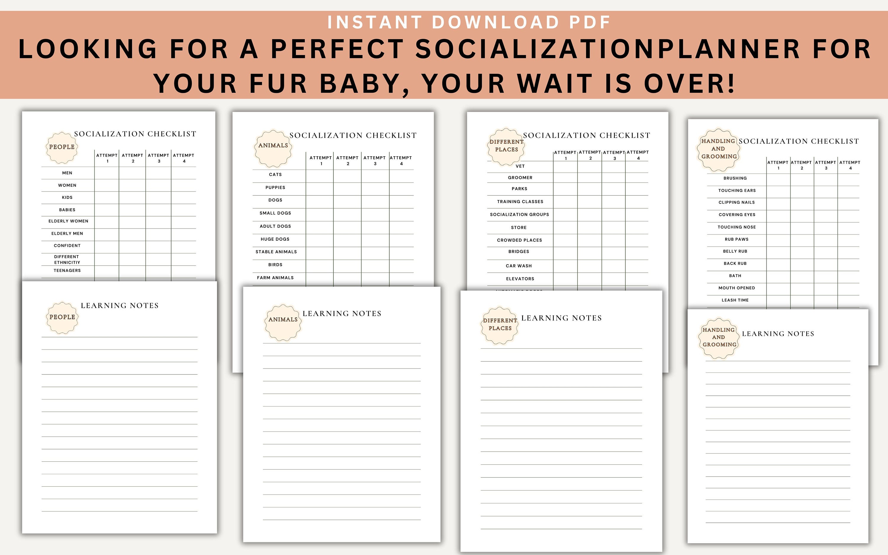 Dog &amp; Pup Socialization Printable Planner, Training Checklist, Step-by-step Training Tracking ...