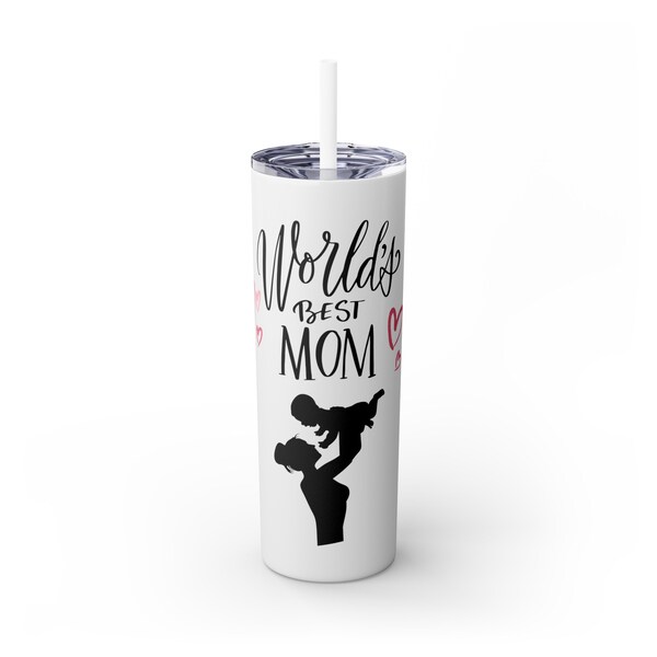 Mothers day Skinny Tumbler with Straw 20oz "wolds best mom" mothers day drink carrier, baby and mom design