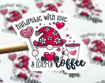 Handmade with Love & Coffee Gnome Stickers // 25 Stickers Per Sheet // Packaging Stickers