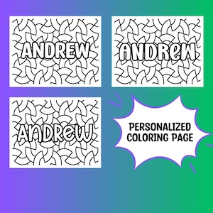 Könnte beinhalten: Drei Schwarzweiß-Malvorlagen mit dem Namen "Andrew" in einer fetten, Comic-Schrift. Die Seiten sind mit einem sich wiederholenden Muster aus Kreisen und Bögen gestaltet. Der Text "Personalisierte Malvorlage" erscheint in einer Sprechblase.