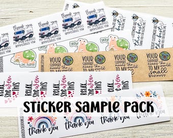 Sticker Sample Pack // 28 Sticker Variety Pack // Thank You Stickers, Happy Mail Stickers, Packaging Stickers