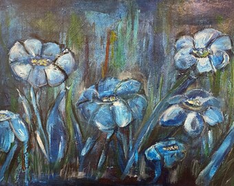 24x30 Original Acrylic Painting of Blue Poppy Flower Garden by Ron Floyd