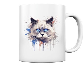 Mystischer Blick eines Ragdoll-Katzenporträts mit Farbspritzern - Tasse glossy