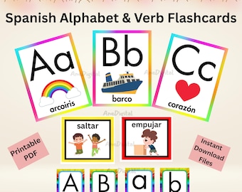 May include: Spanish alphabet and verb flashcards. The flashcards feature the letters A, B, and C, with corresponding images and words like "arcoiris" (rainbow), "barco" (boat), and "corazón" (heart). Includes "Printable PDF" and "Instant Download Files" text.