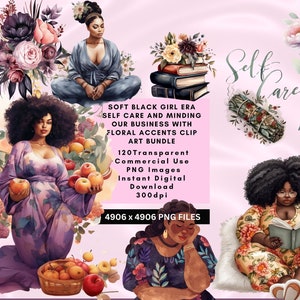 Doux femmes noires florales soins personnels confortable jolie fille livre et amateur de café Clipart Bundle Transparent téléchargement sublimation Boho commercial PNG