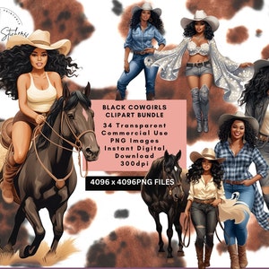 Black Cowgirl Western Love PNG Clipart Bundle Transparent Background Stickers Horses Clip Art Sublimation Tshirt Commercial Use Download