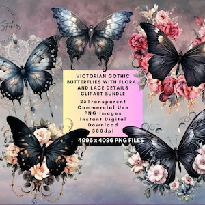 Victorian Gothic Aquarell Schmetterling Clipart Set schwarze Schmetterlinge Clip Art kommerzielle Nutzung Clip Art Floral Aquarell Design PNG Dark