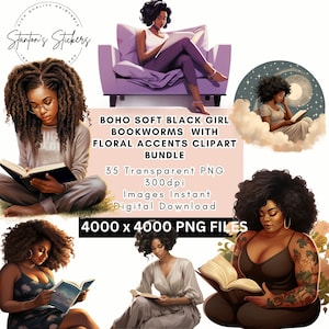 Black Girl Love PNG Clipart Bundle Transparent Background Stickers Women Reading Sublimation Tshirt Commercial Use Boho Chic Coffee Mug