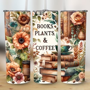 Książki Rośliny i Miłośnik Kawy Bibliotekarz Akwarela Piękny Boho Kwiatowy Czytanie 20oz Chudy Tumbler Wrap Bundle Design PNG do Sublimacji