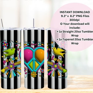Peace Love Hippie Daisy Groovy 20 oz Skinny Tumbler Wrap Sublimation Straight/Tapered Seamless, Hippie Tumbler Wrap PNG, Hippy Tumbler