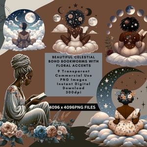 Black Girl Celestial Boho Bookworm Book Lover Reading Clipart Bundle PNG Transparent Background Popular Sublimation Designs Commercial Use