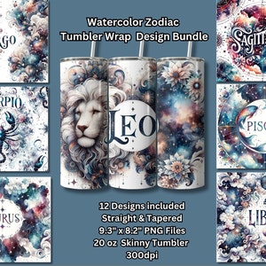 Zodiac Watercolor Celestial Star 20oz Skinny Straight & Tapered Sublimacja PNG Tumbler Wrap Sublimacja 12 Digital Download Designs Bundle