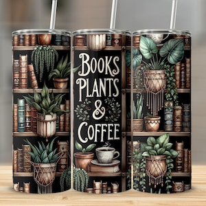 Books, Plants & Coffee Lover Bookshelves Crazy Plant Life Librarian Seamless 20 oz Skinny Tumbler Wrap Sublimation Digital PNG Design