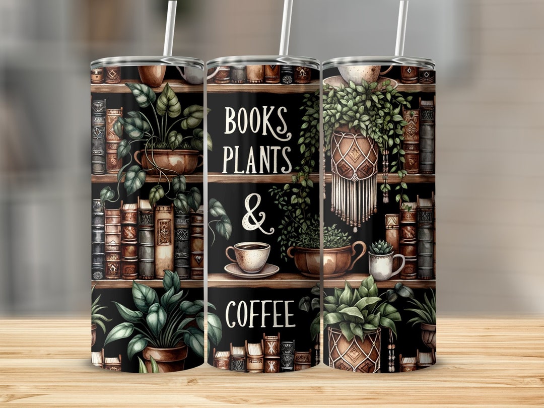 Books, Plants & Coffee Lover Bookshelves Seamless 20 Oz Skinny Tumbler ...