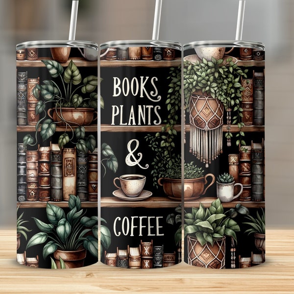 Books, Plants & Coffee Lover Bookshelves Seamless 20 oz Skinny Tumbler Wrap Sublimation Design Gift For Mom Book Lover Instant Download PNG