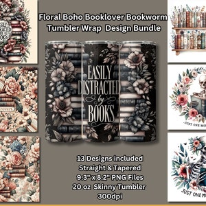 Miłośnik książek Boho Kwiatowy Mól książkowy Bibliotekarz Cytat Powiedzenia 20oz Tumbler Wrap Designs Sublimacja PNG Pakiet Natychmiastowe pobieranie Komercyjne wykorzystanie