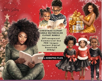 African American Joyful Christmas Black Couples Kids Gifts Trees Watercolor Clipart PNG Sublimation Bundle Instant Digital Download