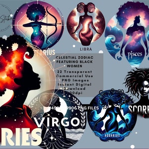 Black Girl Celestial Star Sign Zodiac Clipart Bundle Astrology Sublimation Instant Download PNG Coffee Mug Digital Journal Scrapbooking