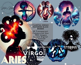 Pacote de clipart do zodíaco de mulher negra: Astrologia Celestial PNG (download digital)