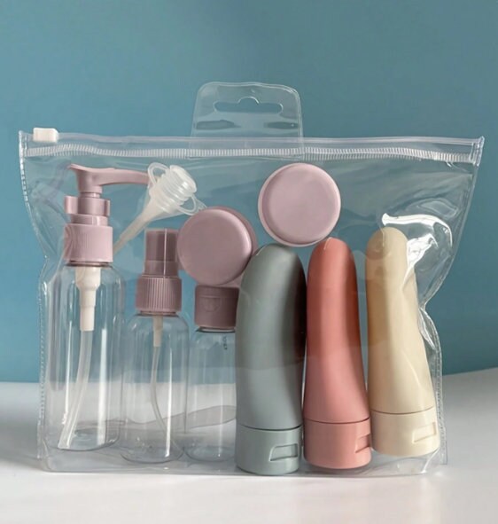 A set of bottles and tubes of cosmetics, jars for skin care with