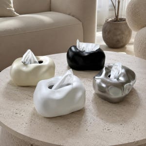 Peut inclure: Quatre boîtes à mouchoirs rectangulaires aux formes arrondies, organiques et irrégulières. L'ensemble comprend une boîte blanche, une crème, une noire et une argentée métallisée, chacune avec une ouverture centrale et un mouchoir blanc.