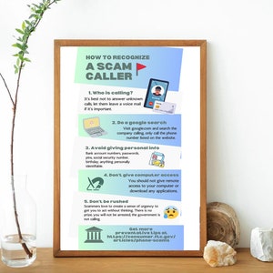 May include: A framed educational poster titled How to Recognize a Scam Caller with a gradient background. It lists five numbered steps with icons and text explaining how to identify and avoid phone scams, including advice on personal information.