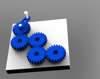 May include: A set of blue gears interlocked with each other. The gears are on a white surface with a black base. The top gear is connected to a small blue lever with a white screw.