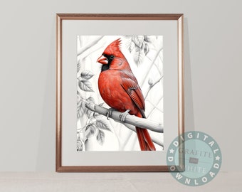 Red Cardinal Wall Art - Hyperrealistic Pencil Sketch. Digital Download Print.