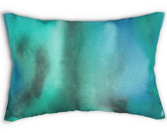 Watercolor Blue Green Lumbar Pillow - Abstract Landscape Black Teal Modern