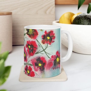 Watercolor Flowers Hot Pink -  Ceramic Mug 11oz - Rose Madder Abstract Yellow Blue Green, Floral Original