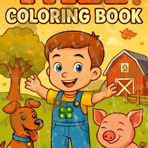 以下が含まれることがあります： 秋をテーマにした塗り絵本のカラフルなイラスト。オーバーオールを着た笑顔の男の子と犬、豚、カボチャが描かれています。上部のテキストは「FALL COLORING BOOK」と書かれています。