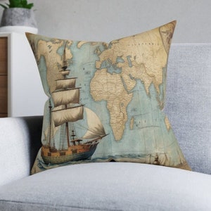 Tracciare nuovi orizzonti: cuscino con accenti in finta pelle scamosciata / fascino costiero vintage avventura nautica / comodo cuscino decorativo pratico per il divano