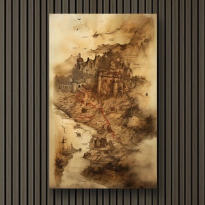 Puede incluir: Un mapa dibujado a mano de una ciudad medieval con un castillo en el centro. El mapa está dibujado en papel pergamino y tiene un aspecto descolorido y antiguo. La ciudad está rodeada por un río y un bosque. El mapa está marcado con líneas rojas y símbolos.