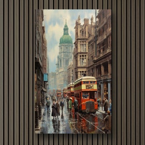 Another Busy Day: Vintage Metro Motif | Bustling London Cityscape Street Scene Canvas Wall Art Print Decor | Ready to Hang