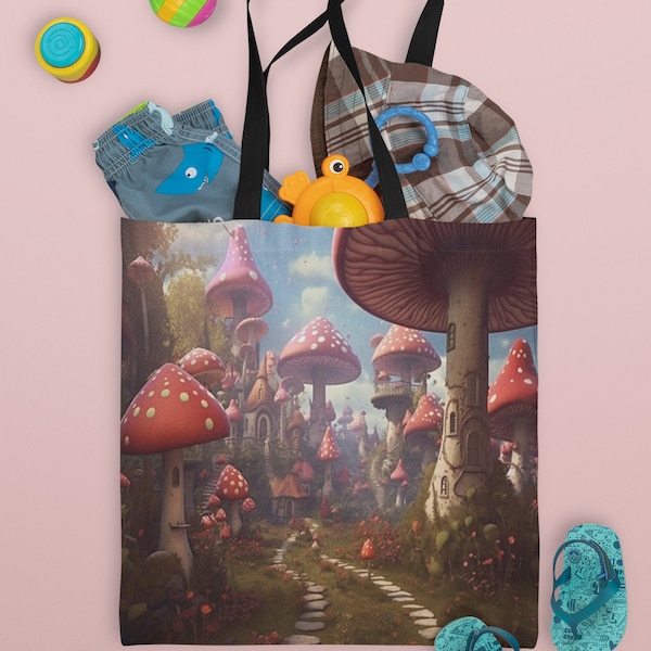 Whimsical Adventures: Toadstool Haven Art Tote Bag  | Wonderland Fantasy Fashion Accessory | Spacious and Durable Overnight Carryall Day Bag