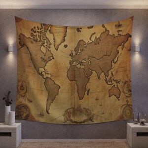 Tapiz de pared de la historia que se despliega / Mapa del mundo encantador degradado antiguo vintage / Fondo de transmisión de zoom de video fotográfico Telón de fondo Decoración colgante