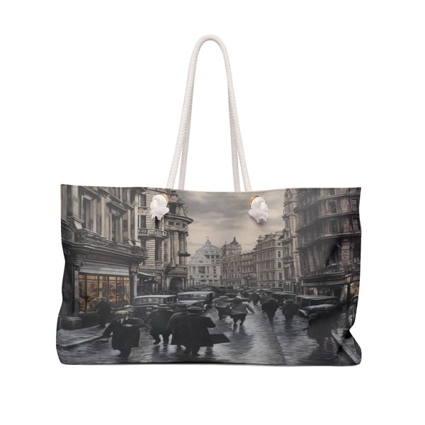 London Charm Weekender Tote / Escala de grises Elegante Vintage City Hustle Street Scene Art / Canvas Travel Overnight Beach Pool Shoulder Bag