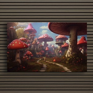 Whimsy in the Woods: Toadstool Haven | Enchanted Mushroom Village | Charming and Fantastical Canvas Wall Art Print Decor | Ready to Hang